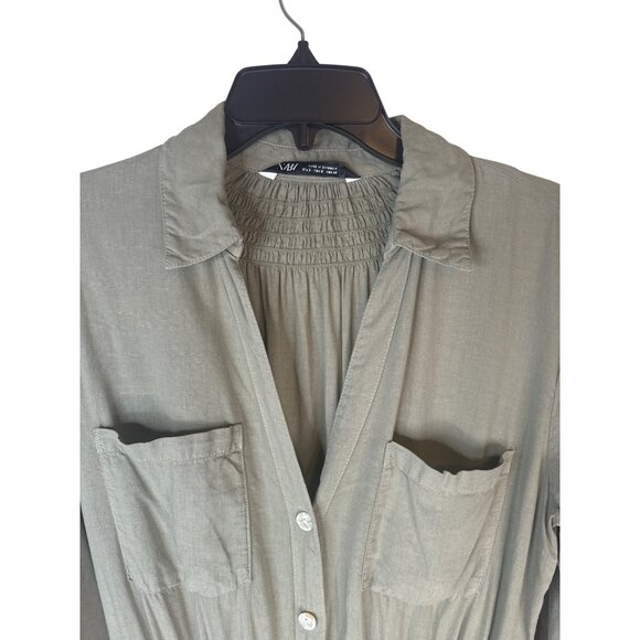 2/$30 ZARA Small Button-Down Shirt Dress Khaki Green Linen & Viscose - Picture 6 of 16